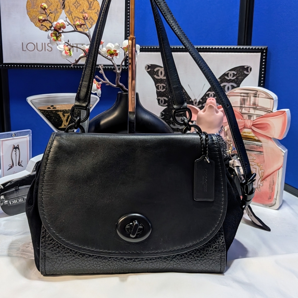 Coach 1941 Faye Black Leather And Suede Shoulder/CrossbodyBag with Black Hdw
